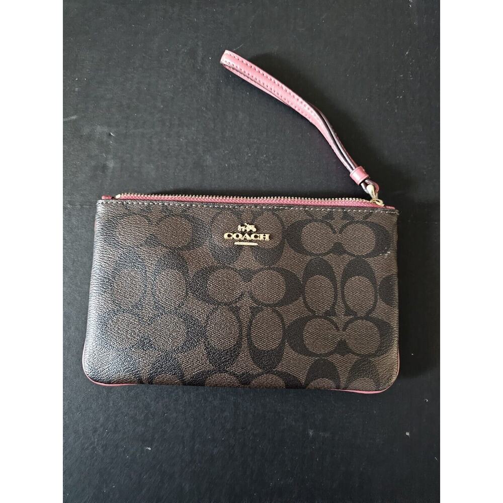 Coach Large Wristlet Wallet Womens Brown Leather In Signature Canvas Logo